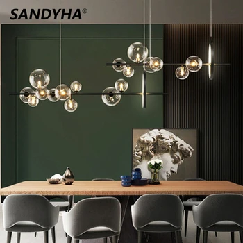 SANDYHA Nordic Long Transparent Glass Ball LED Pendant Light Fashion Dining Living Room Bar Study Lamp Home Decoration Fixtures