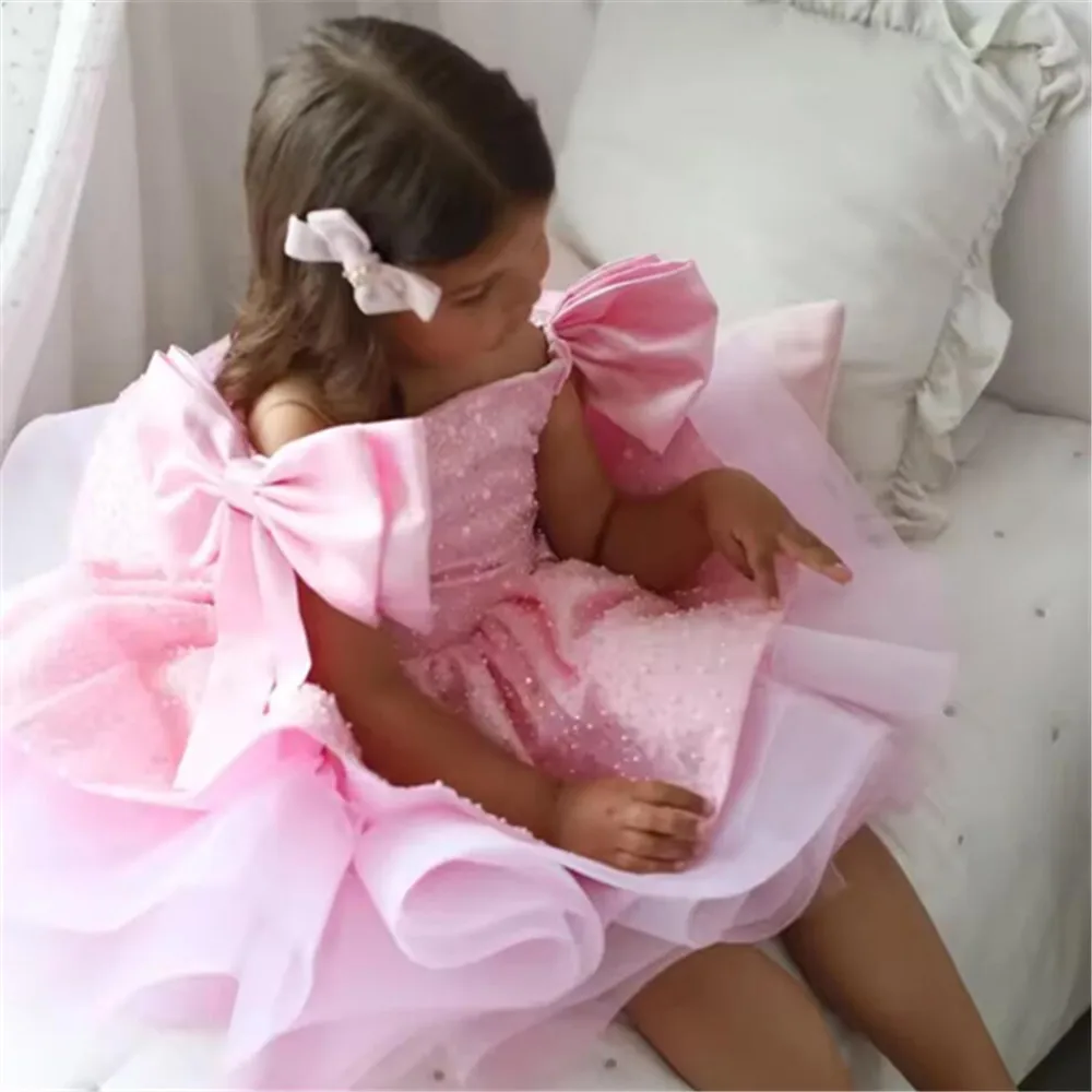 Pink Flower Girl Dresses For Wedding Sequins With Bow Knee Length Cute Princess Birthday Party First Communion Gown flower girl dresses