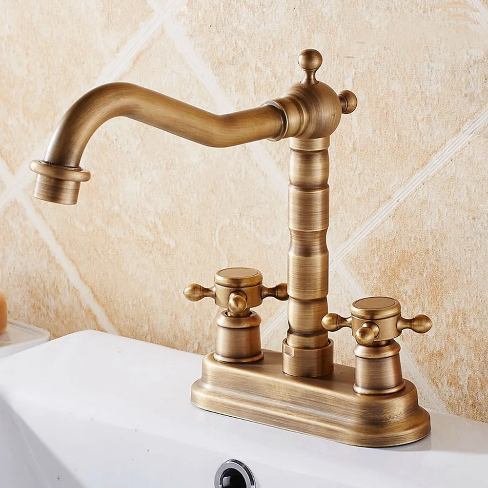 

Antique Brass 2 Hole Deck Mounted Dual Handle Bathroom Faucet Swivel Spout Faucets Washbasin Mixer Vessel Sink Taps Lnf426