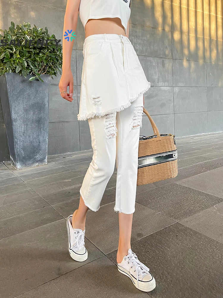 

2023 Summer Fake Two Piece Jeans Casual High Street Skinny Slim Trouser Skirt Ripped Hole Stretch Cropped Pants Women