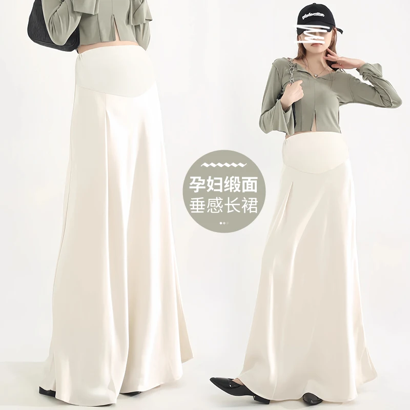 Satin A-Line Maternity Maxi Skirt-Stretchy Belly Panel, Flowy Spring Long Skirt with Adjustable Waist Pregnant Woman Skirts