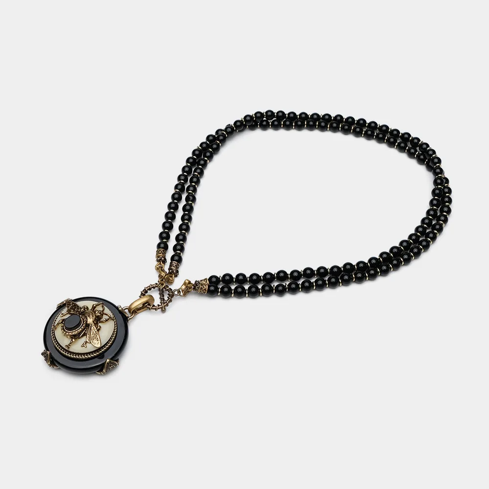 

European retro series two ways to wear insect design bee necklace natural black agate beaded necklace
