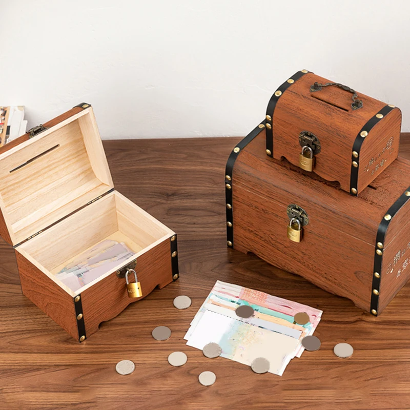 1 Set With Lock Piggy Bank Organizer Saving Case For Home Decoration Vintage Storage Box Wooden Treasure Chest_voghion.com