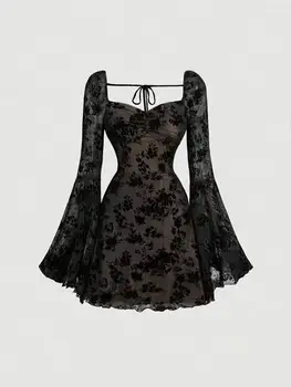 Sexy Womens Dress Temperament Embroidered Slim Fashion Elegant Evening Gown Long Sleeve Lace Strappy High Waist A-Line Vestido 1