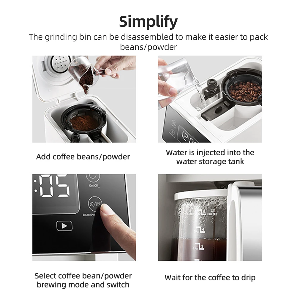 Drip Coffee Maker 5-10 Cup American Coffee Machine with Built-in Grinder 780ml Water Tank Americano Grind and Brew Maker