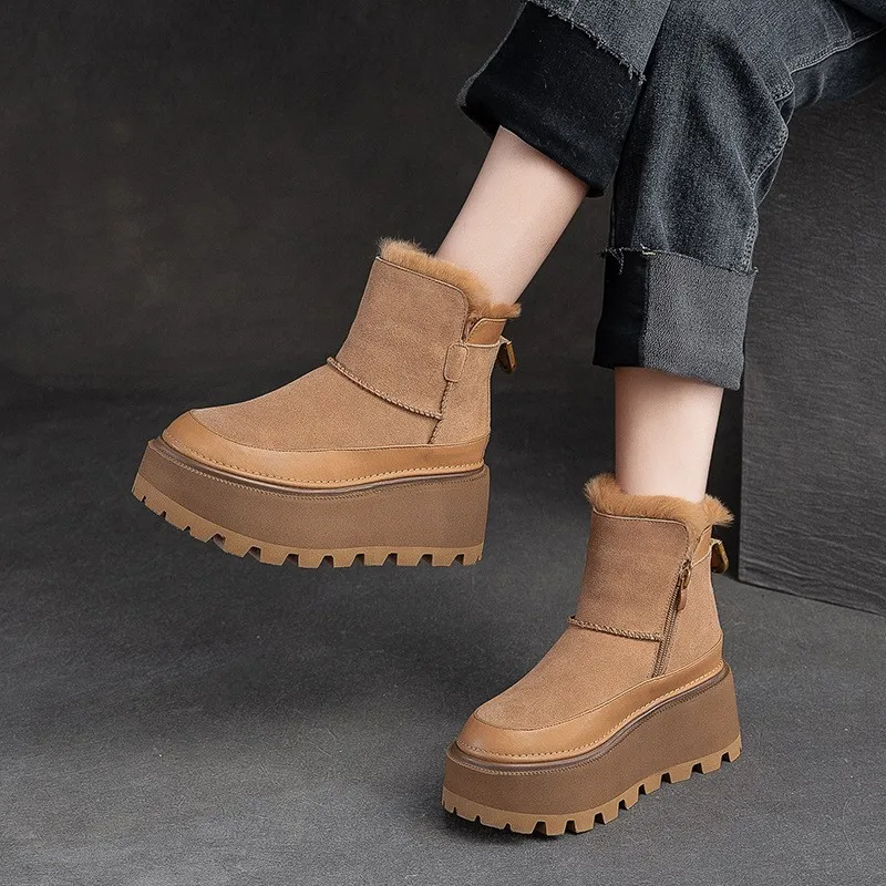 

GKTINOO Fashion Winter Women Genuine Leather Ankle Boots Female Thick Plush Warm Snow Boots Mother Wedge Shoes Woman Shoes