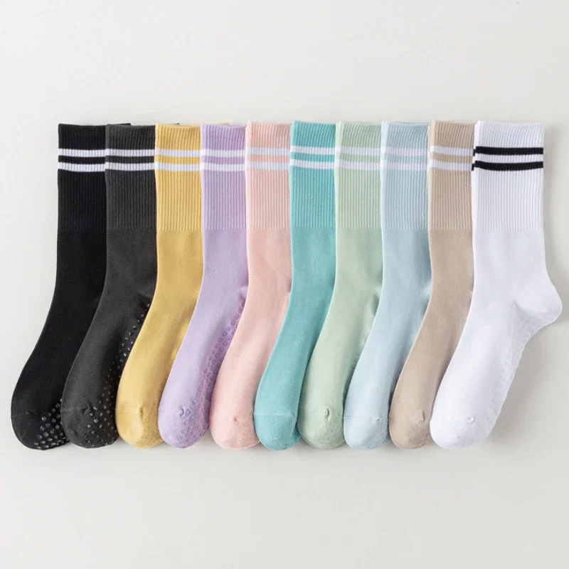 

New Cotton Mid-calf Candy Color Striped Yoga Socks Bottom Non-slip Pilates Socks Indoor Gym Dance Fitness Sports Floor Socks