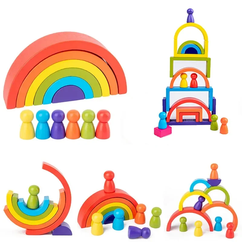 3D Early Childhood Education Montessori Toys Baby Wooden Building Block BPA Free Rainbow Block Baby Newborn Toddler Puzzle Gifts