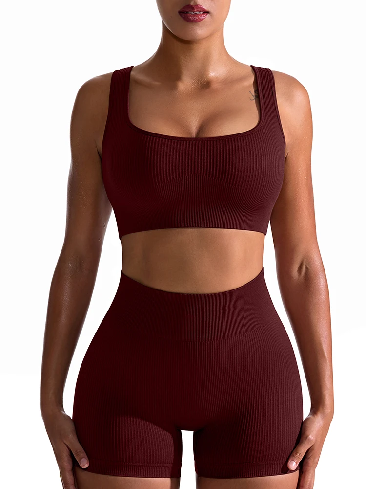 thumbnail image 1 of Conjuntos de Yoga acanalados sin costuras para mujer, Top deportivo con sujetador, pantalones cortos de realce de cadera, conjuntos de moda para entrenamiento, ropa deportiva para gimnasio y Fitness,, 1 of 5