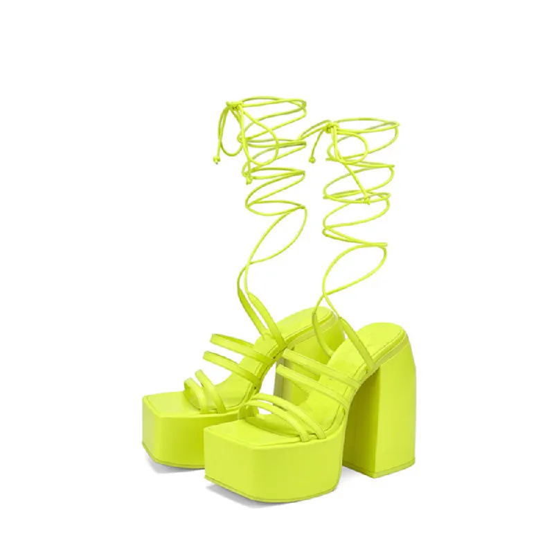 

Platform Lace Up Sandals Block Heel Square Toes Women Shoes Fashion High Heel Zapatillas Mujer Dress Ladies Pumps Summer