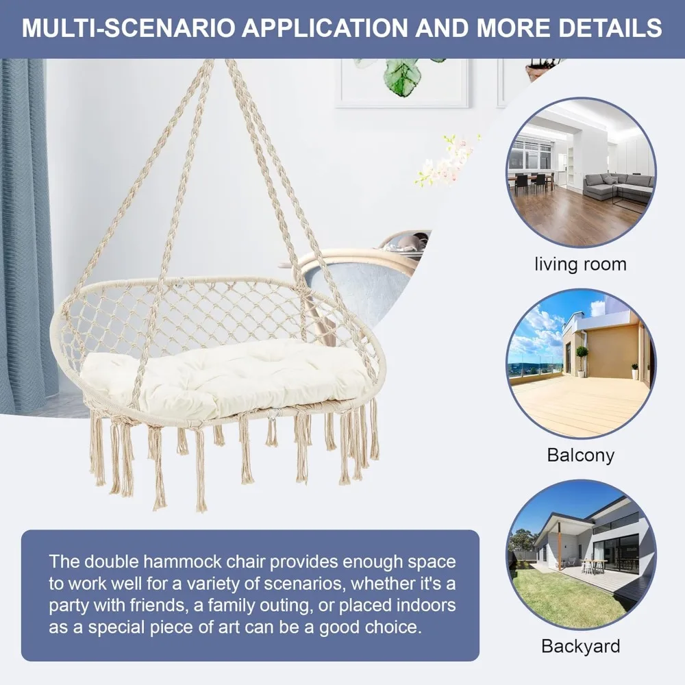 Hammock Chair Hanging Swing with Cushion,Hanging Cotton Ropes, Metal Frame, 450 lbs Capacity Indoor Outdoor, Patio Swings 6