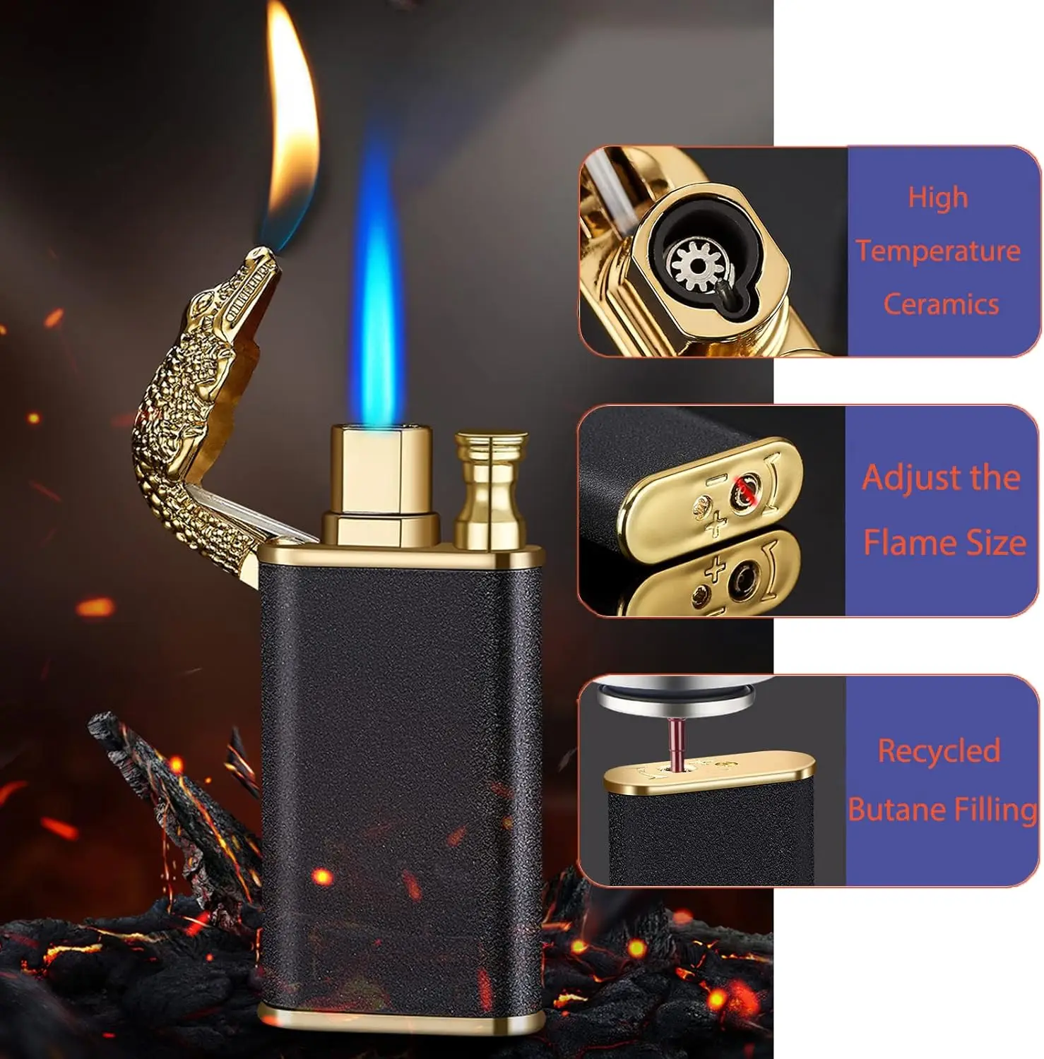 Cool Magic Crocodile Dual Flame Torch Lighter Windproof Jet Torch Lighter Refillable Butane for Outdoor Indoor(Without Butane) butane gas lighter cigarette lighter