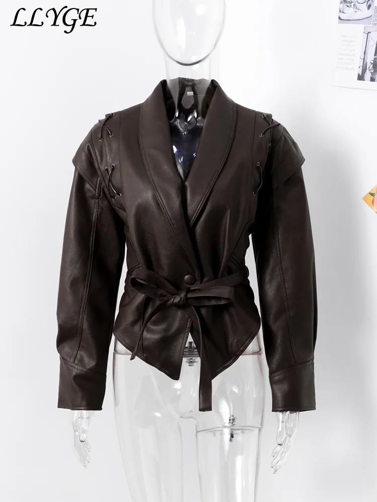 Vintage Women's Leather Jacket With Belt Slim Lace Up Lapel Long Sleeve Locomotive Coat 2024 Autumn Lady High Street Y2k Outwear 6