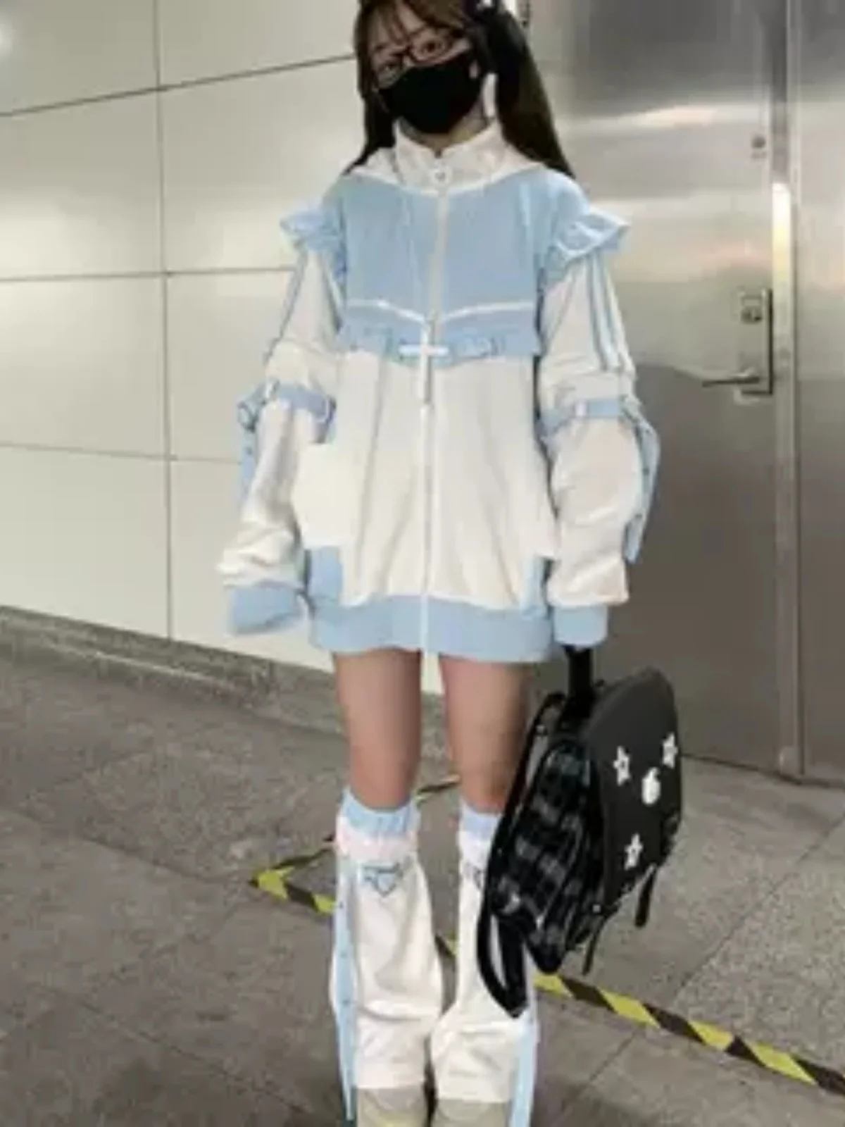 Spring Autumn Thin Fce Subculture Virtual Human Color Blo Long Sve Hoodie Women's Lace Hem Coat Sweet Japanese Sle