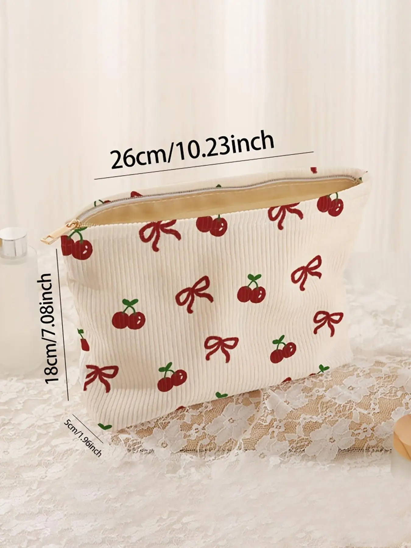 1pc，Pink bow patterned corduroy zipper makeup bag, lightweight and multifunctional makeup storage bag