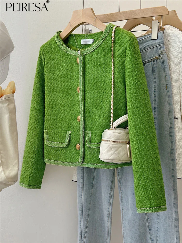

PEIRESA High Quality Green Tweed Jacket For Women Autumn Winter New Fashion Single Breasted Short Coats Outwear Vintage Clothes