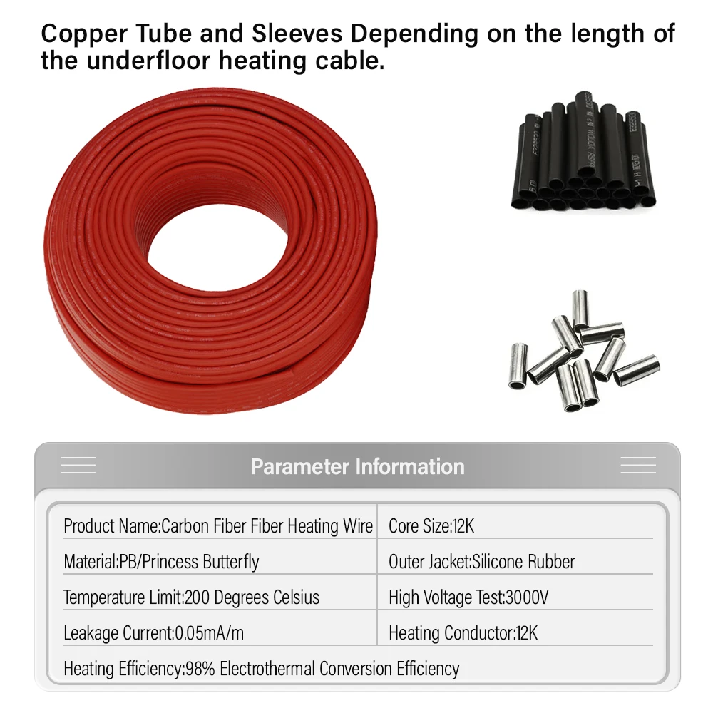 5-200 Meters Infrared Warm Floor Cable 12K 33ohm/m Electric Carbon Heating Wire Coil 3.0mm Fiber Wire Floor Hotline Thickening electric heating wire electric underfloor heating electric floor heating clips