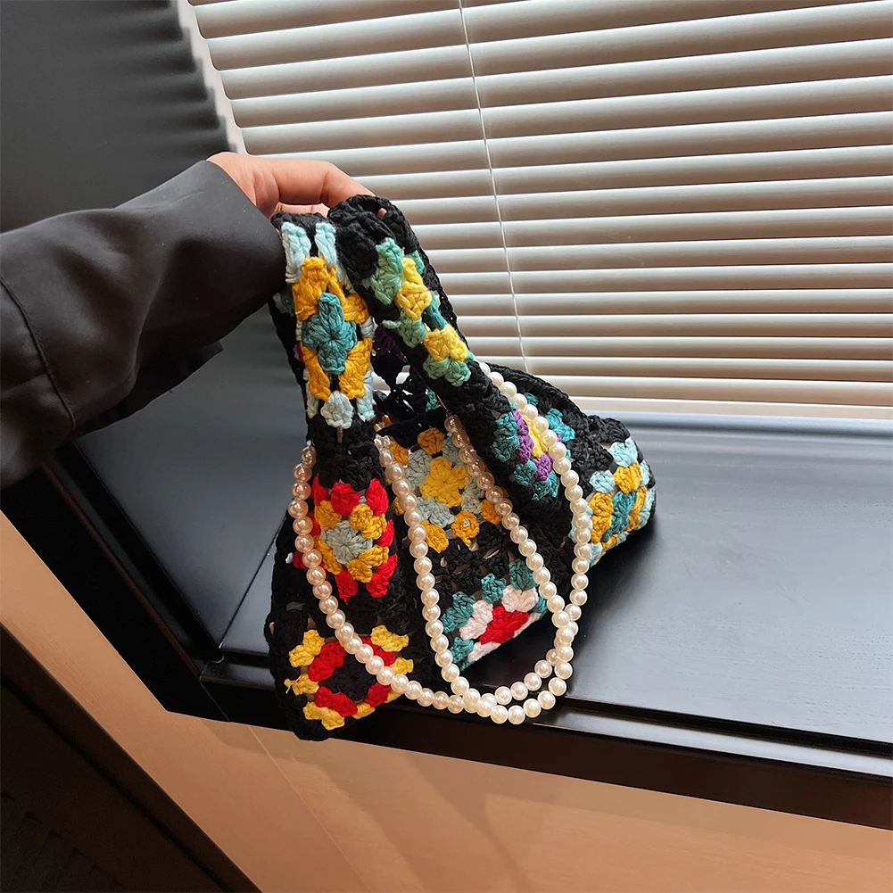 여성 Boho 짠 토트 여름 해변 핸드백 꽃 수제 직조 어깨 가방 핸드 크로 셰 뜨개질 가방 꽃 바느질 구매자 가방