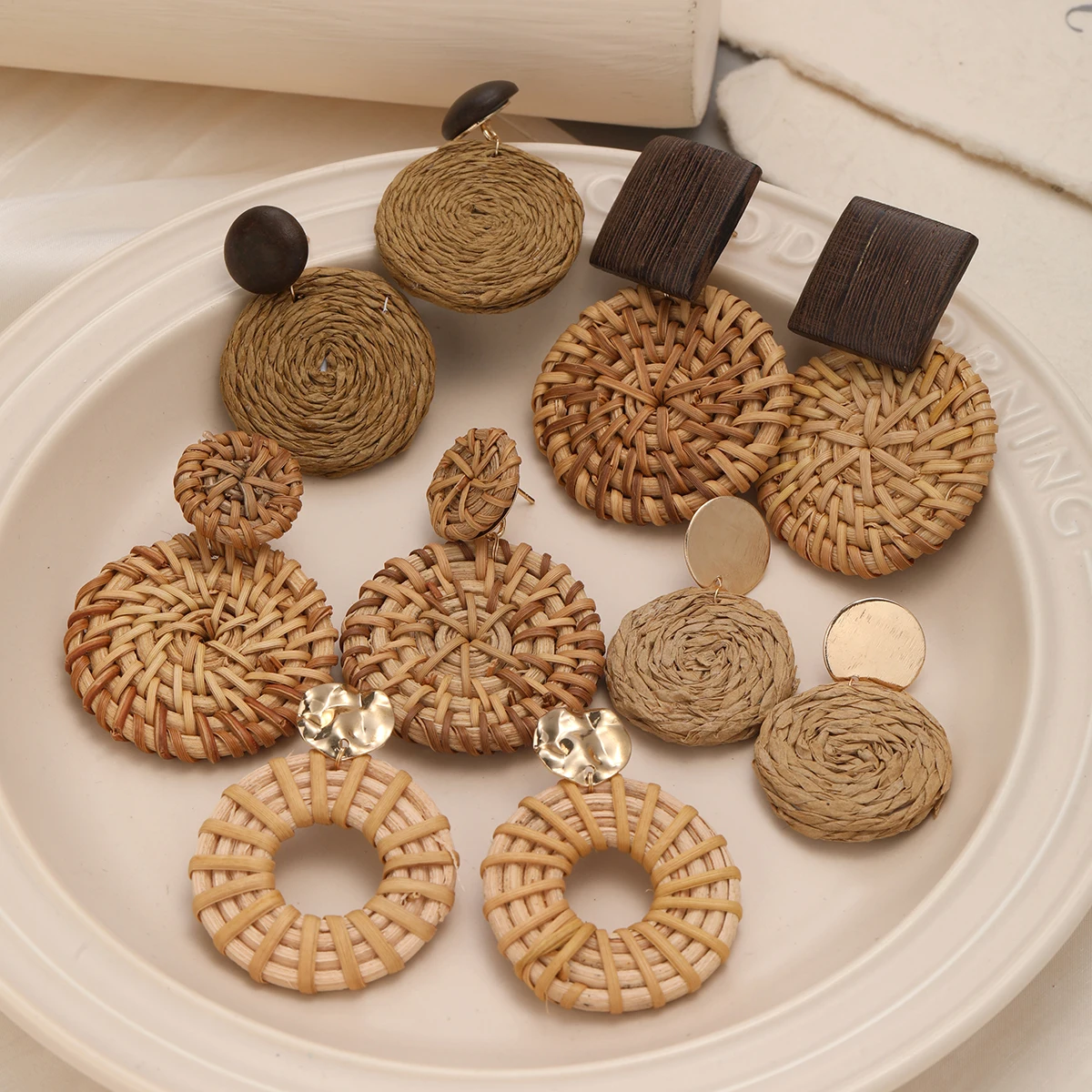 6Pcs Elegant Wood Earring Set For Women Fashion Exaggerated Big Round Geometric Drop Earrings 2024 Trendy Jewelry Gifts New