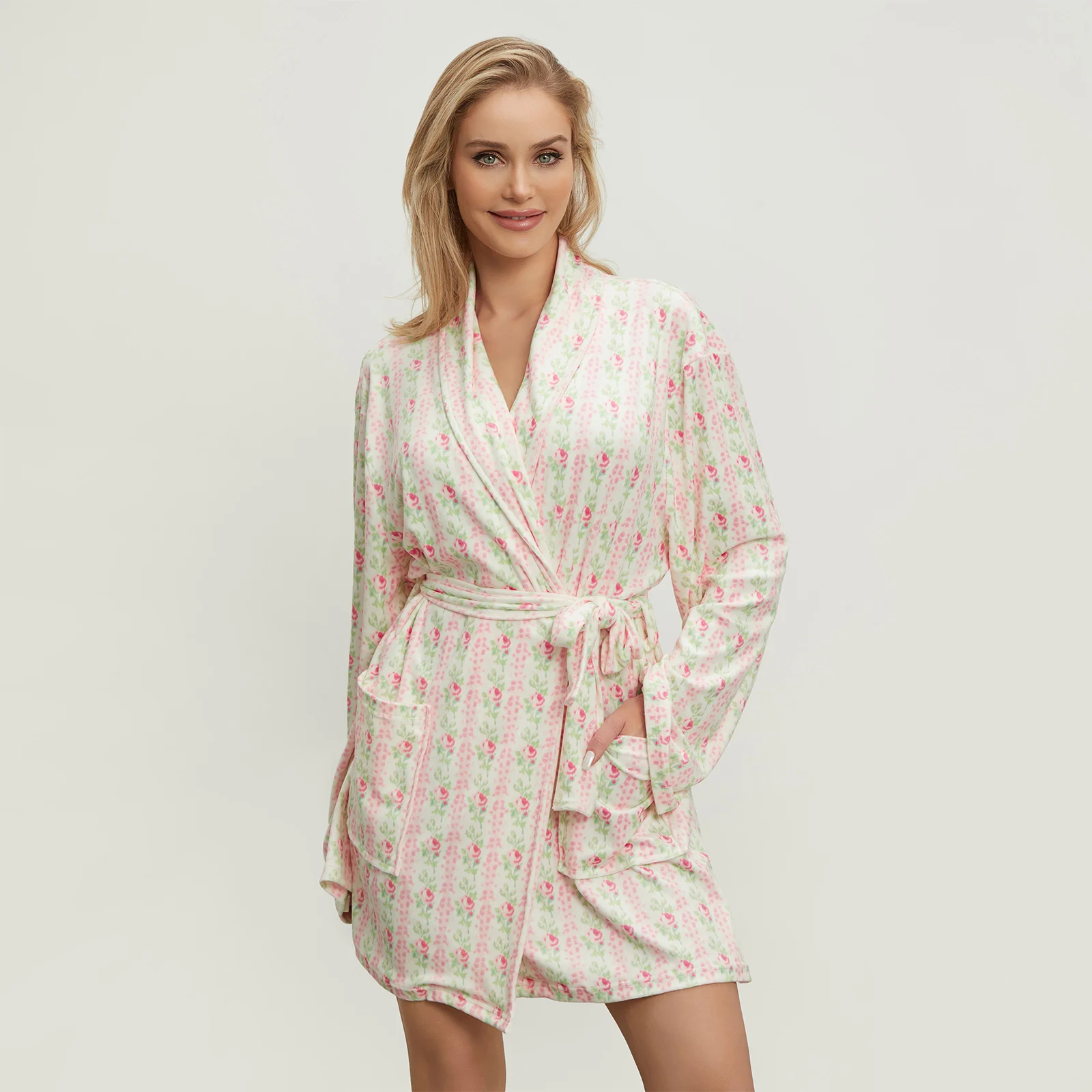 Women's Sleep Robe Spring Autumn Sleepwear Floral Print Long Sleeve Lapel Belted Nightgown with Pockets Bath Robes Loungewear