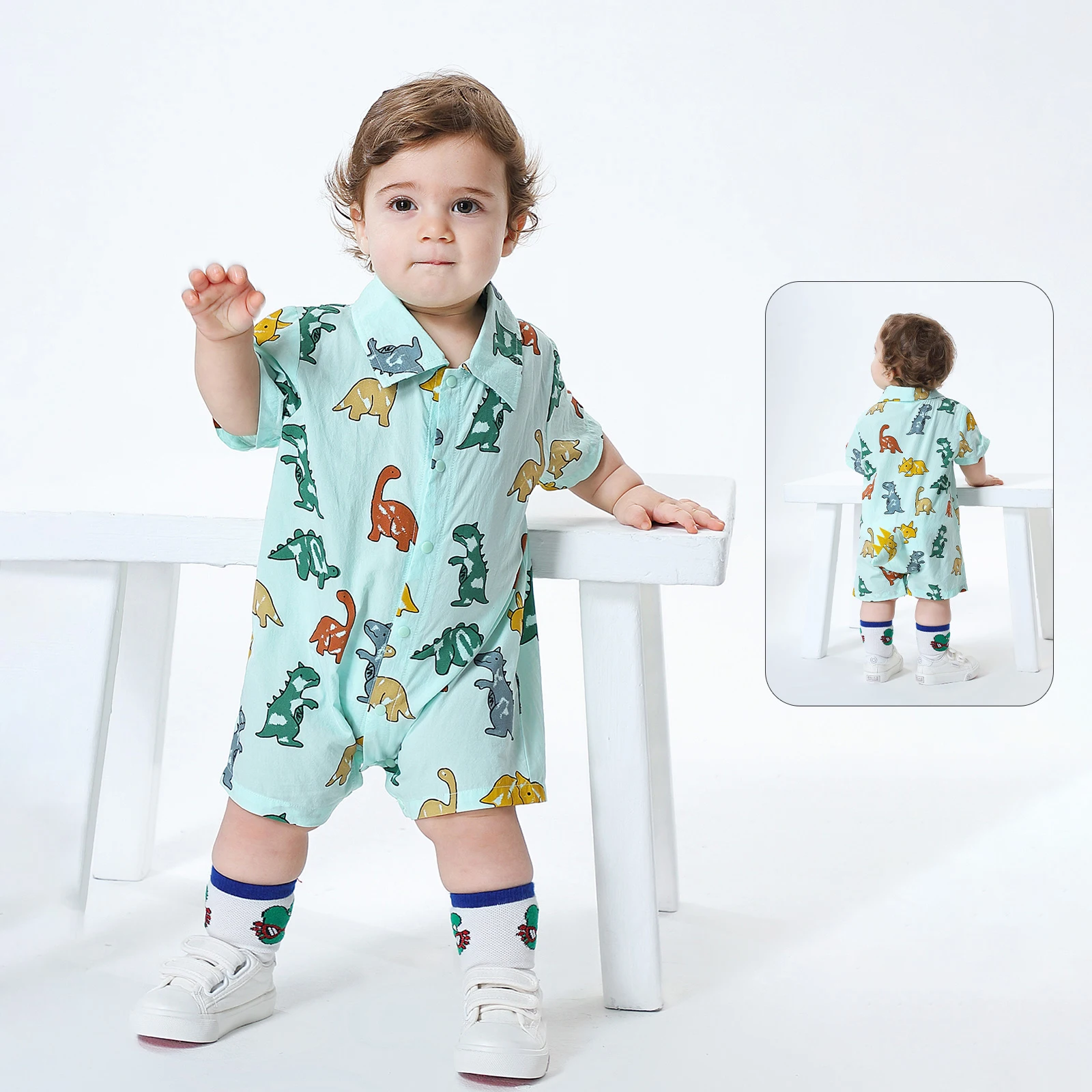 FOCUSNORM 0-3Y Summer Baby Boys Romper Short Sleeve Dinosaur Print Buttons Turn-Down Collar Summer Casual Jumpsuits