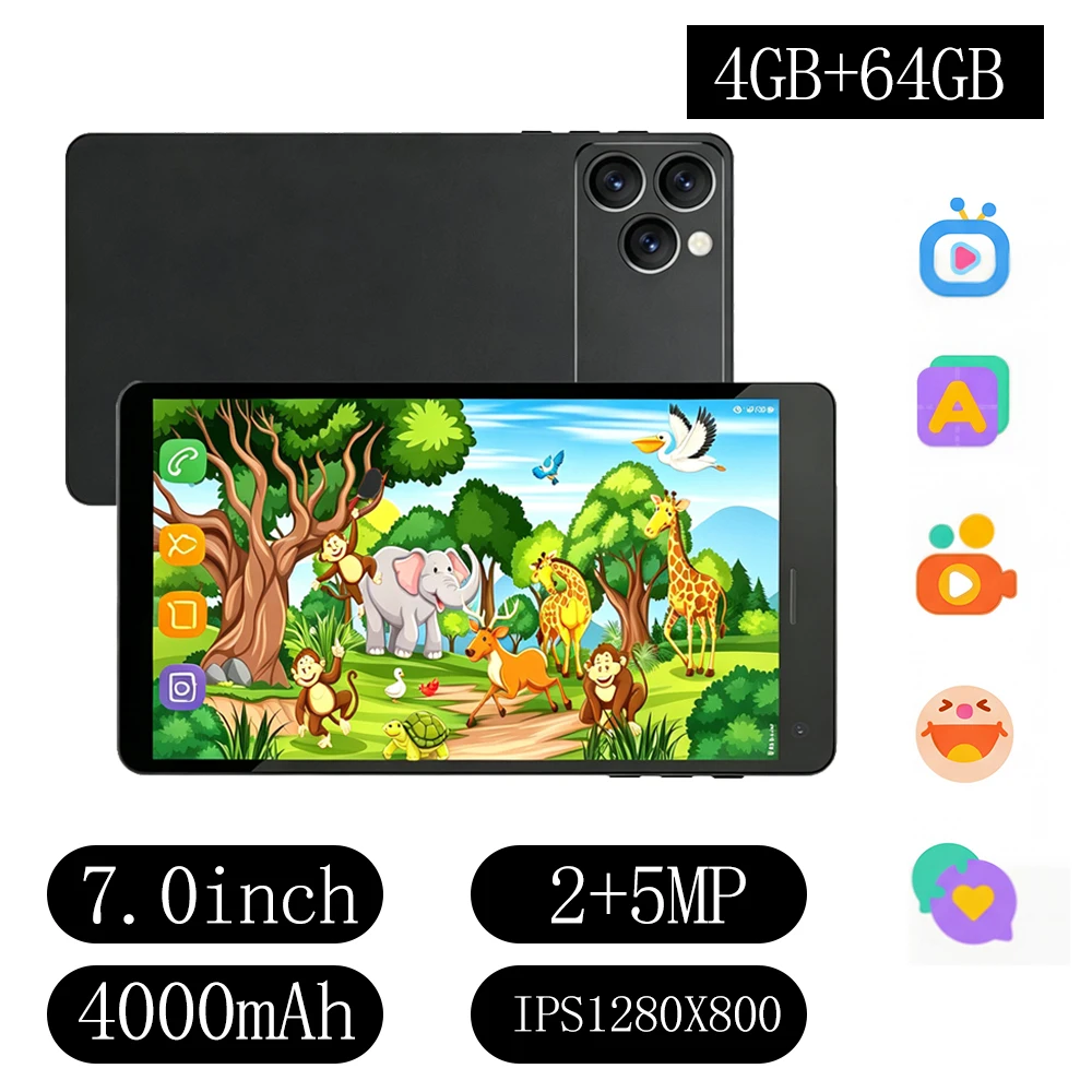 새로운 블랙 7.0인치, 안드로이드 13  교육용 학습 태블릿, 4GB 램 64GB 롬, 시력 보호 IPS 화면, 4000mAh