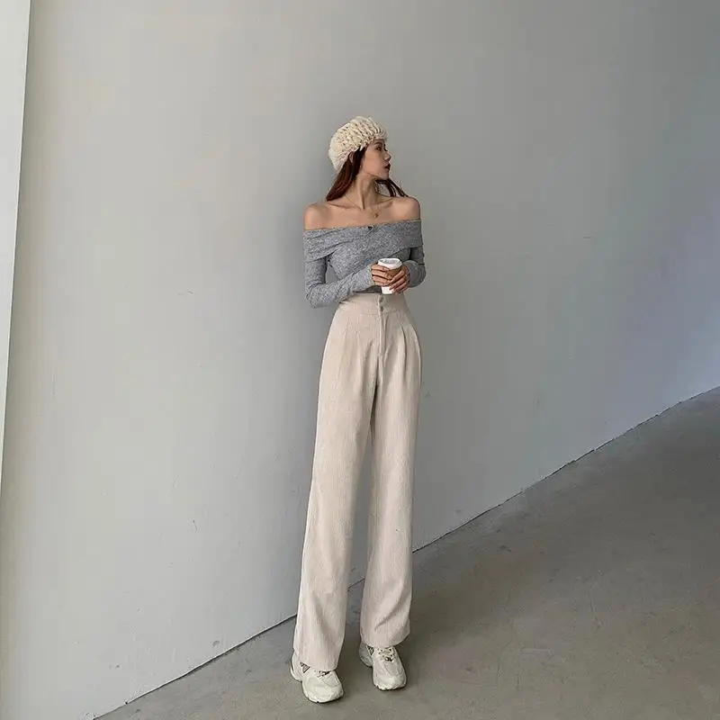 2024 New Fashion Women Corduroy Long Pant High Waist Double Button Loose Female Straight Leg Trousers Casual Pantalon Femme