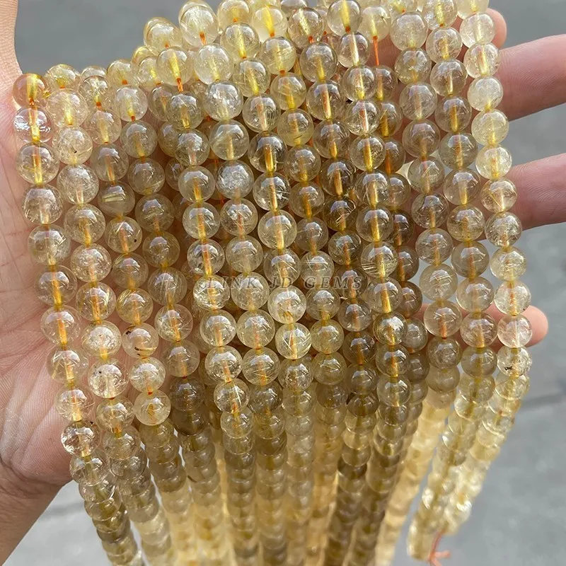 Natural Ice Gold Rutilated Quartz Round Loose Hair Crystal Beads