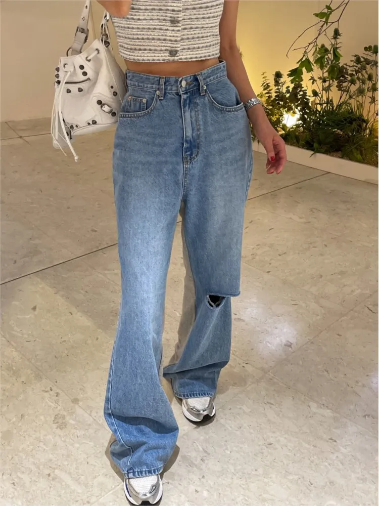 Autumn Winter Jeans Long Pant Women Hole Fashion Irregular Patchwork Ladies Trousers Korean High Waist Loose Woman Pants 2023