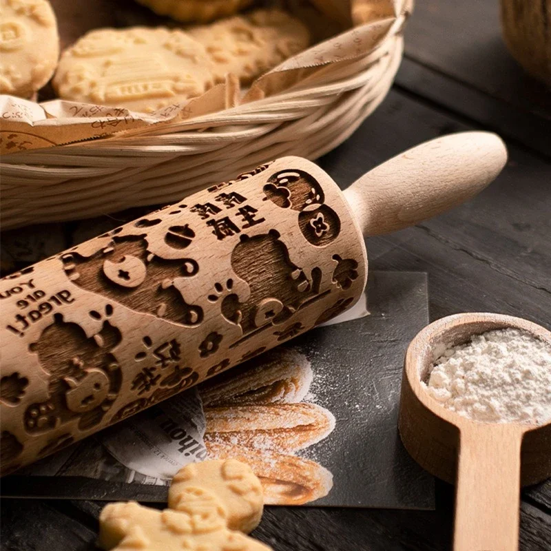 Description Picture 4 of item1 pcs Wooden Embossed Rolling Pin with Pattern for Kitchen Pastry, Baking Tools, Deep Engraving Cookies Stamp Tool