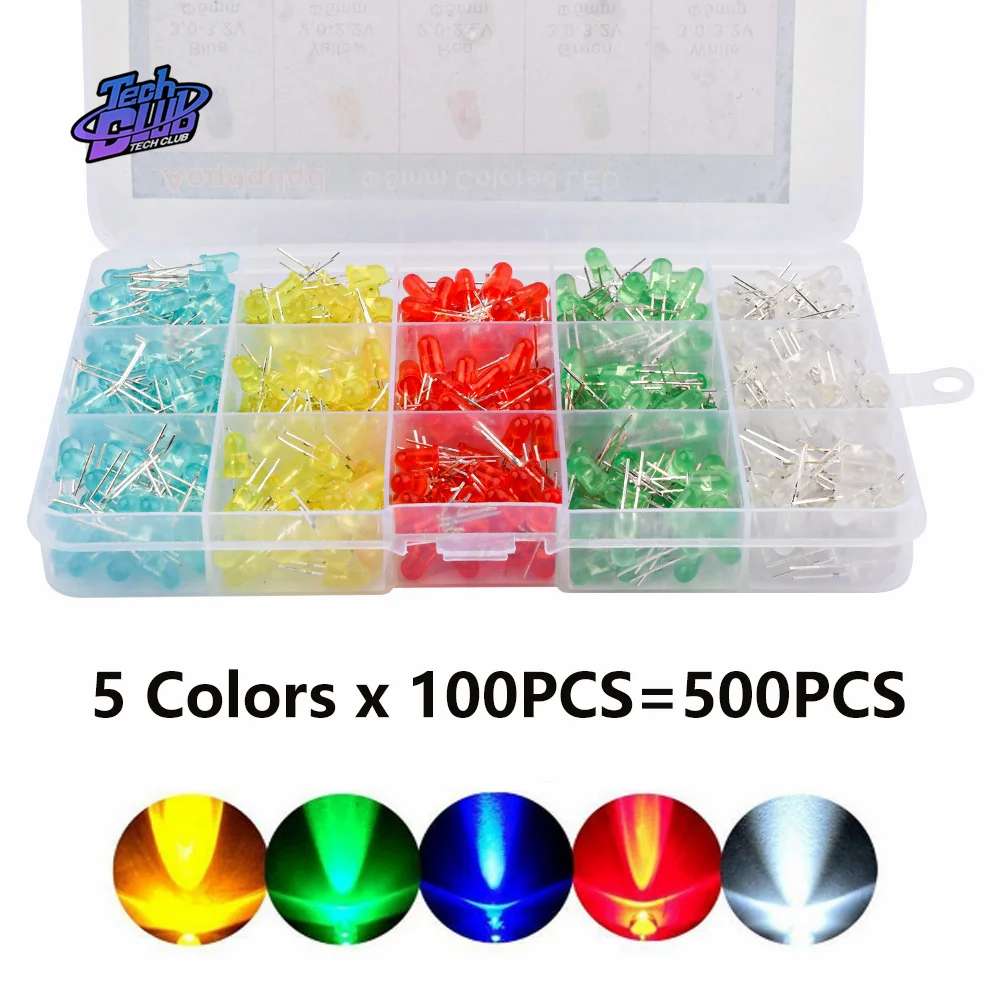 500PCS LED Diode Assorted Kit F3 F5 Light Emitting DIY led lights Diodes Electronic Kit Lighting Accessories 350pcs diode and pnp npn transistor assorted electronic kit 1n4148 m1 m7 s9012 s9013 s9014 s9015 s9018 s8550 s8050 2n2222 2n3904