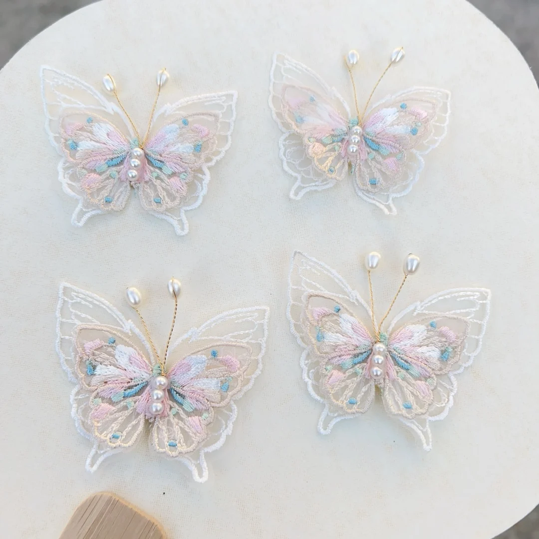 6/10pcs 더블 레이어 자수 진주 나비 패치 DIY 의류 바느질 나비 아플리케 액세서리 장식 패치