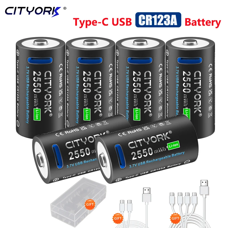 Cittork 3.7V Cr123A Batteria 2550Mwh 16340 Batterie Ricaricabili Agli Ioni Di Litio Per Torcia Elettrica A Led 16350 Rcr123 Batteria + Cavo Usb Tipo C