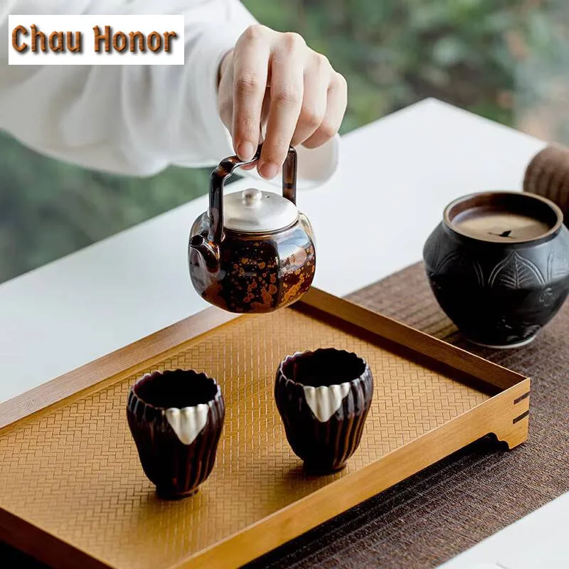 Retro Kiln Change Chestnut Brown Glaze Ceramic Tea Set Drawing Silver Tea Pot Tea Maker Kettle Portable Kung Fu Tea Set Gift Box
