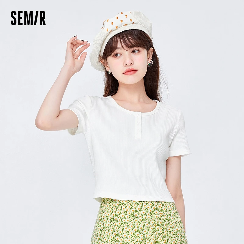 

Semir Short-Sleeve T-Shirt Women Short Slim Fit Simple Basic Top 2024 Summer New Arrival Patchwork Knitted Tight-Fitting Shirt