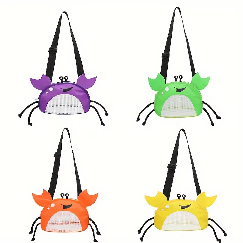 Cute Lightweight Polyester Crab Shaped Beach Bag, Mesh Pocket Zip Closure Colorful Crossbody Bag, Multiple Colors for Youngsters