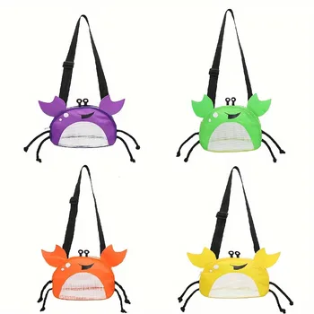 حقيبة شاطئ لطيفة خفيفة الوزن من البوليستر على شكل سرطان البحر، حقيبة كروس ملونة بجيب شبكي وإغلاق بسحاب، ألوان متعددة للشباب 4