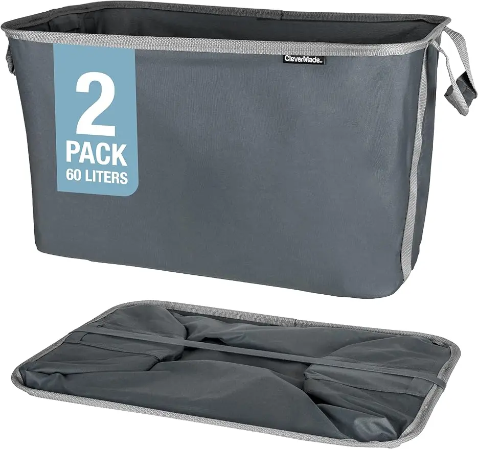 CleverMade Collapsible Laundry Baskets Charcoal 2PK-60L (16 Gal) Foldable Laundry Basket with Sturdy Pop-Up Wire Frame