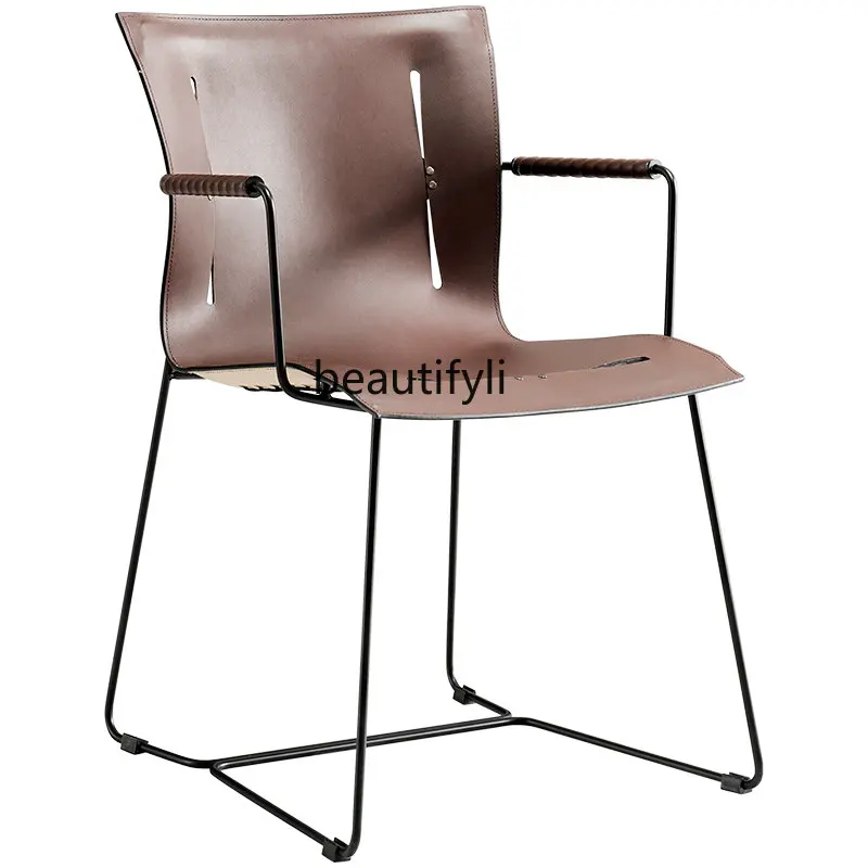 

Italian Minimalist Dining Chair Designer Model Modern Light Luxury Saddle Leather Creative Study Chair