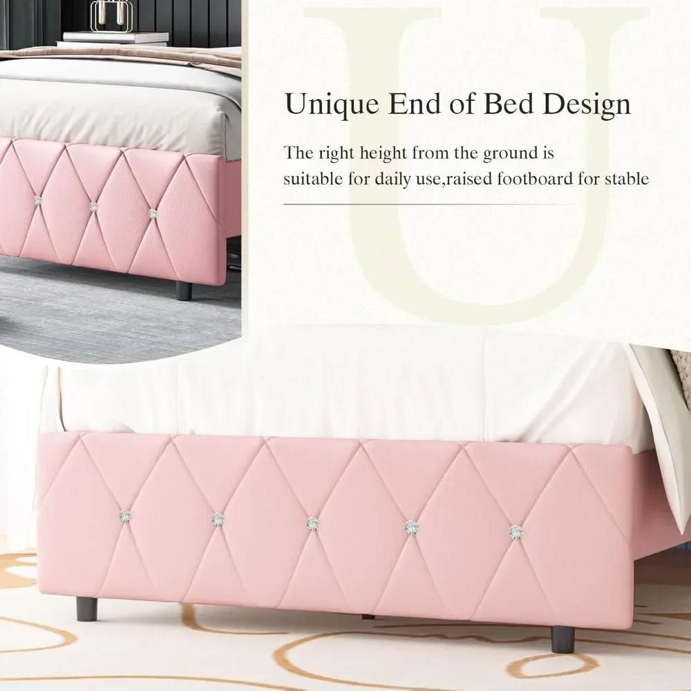 Queen Bed Frame, Upholstered with Diamond Tufted Headboard,,Wooden Slats Support, No Box Spring Needed, Easy Assembly Pink 5