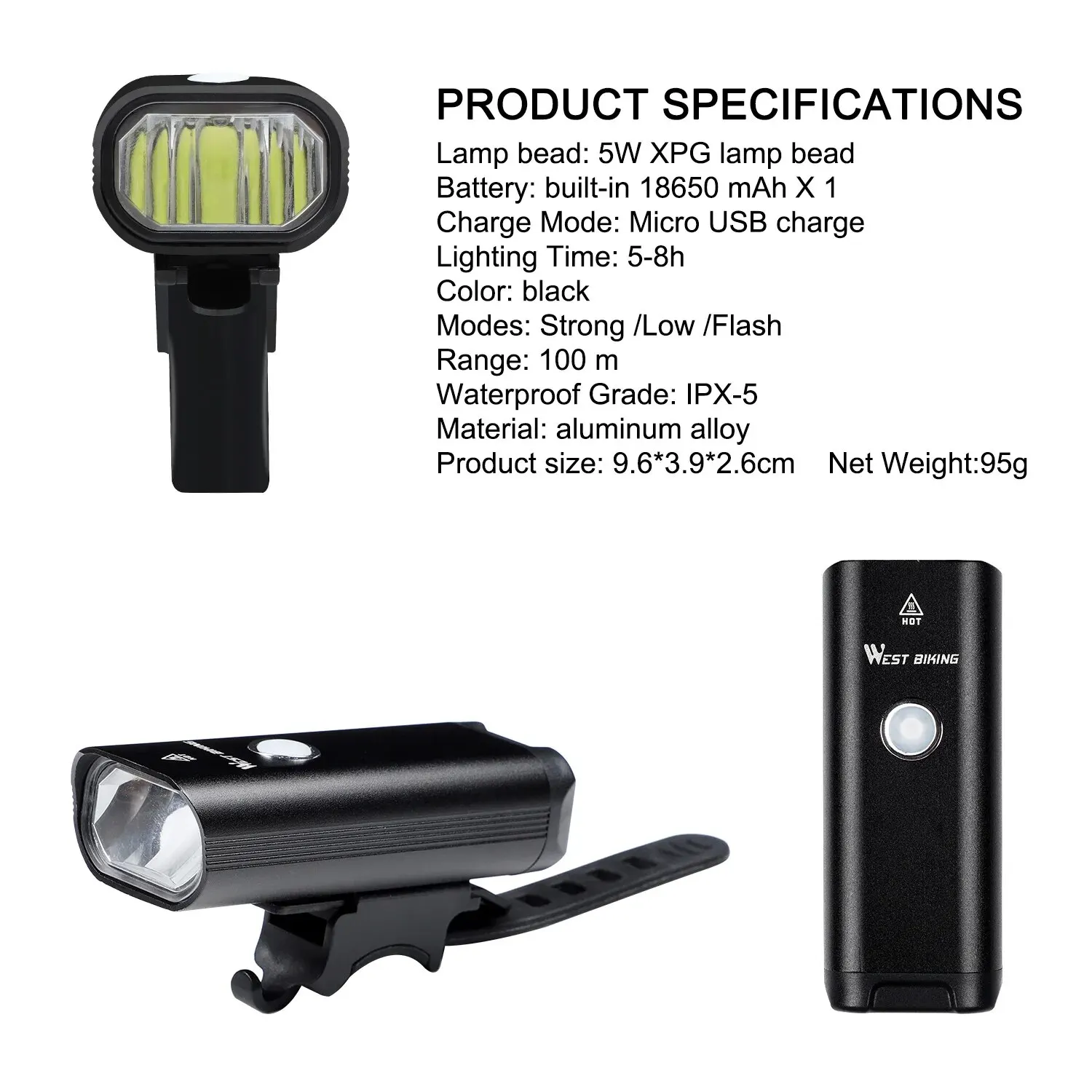 WEST BIKING Bicycle Light LED USB Rechargeable Bike Front Lamp 3 Modes Headlamp Safety Rainproof Flashlight Cycling Accessories