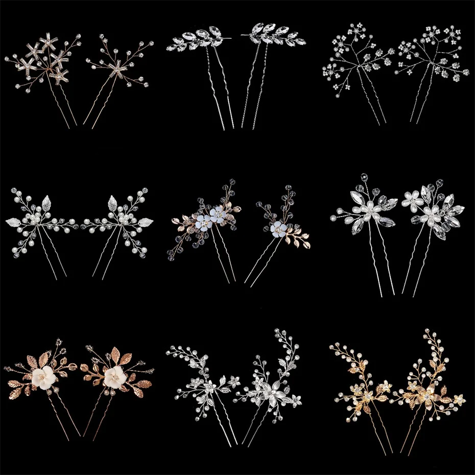 Efily Bridal Wedding Hair Accessories 2pcs/lot Crystal Pearl Hair Pin Forks Rhinestone Hairpins Bride Headpiece Jewelry Gift