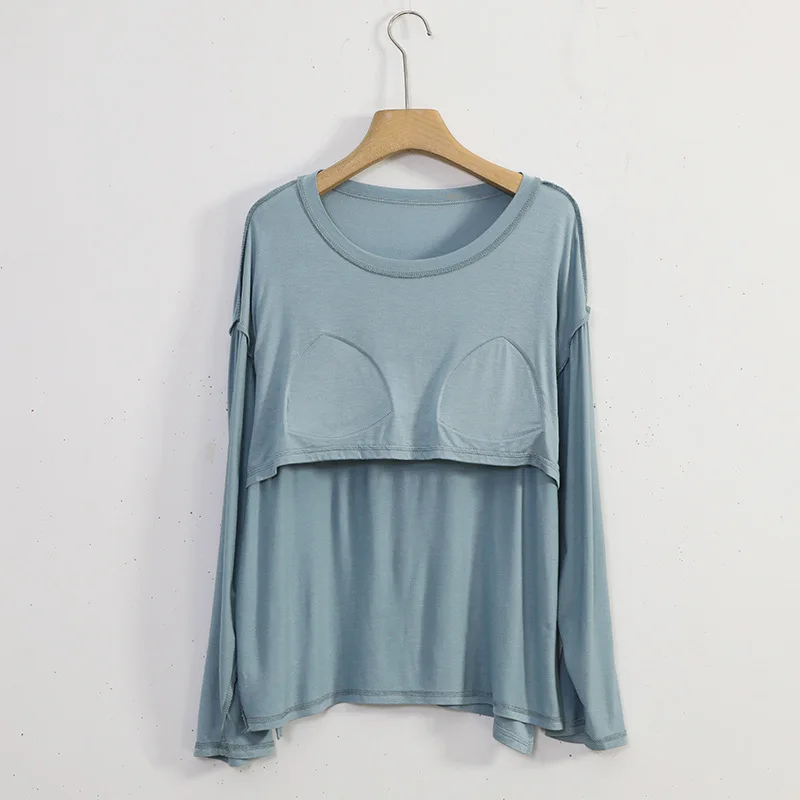 Women's Modal Nigtgown 2pcs pajama sets long sleeves Tshirt bra padded and trousers Loose Sleepwear comfortable Homewear suit