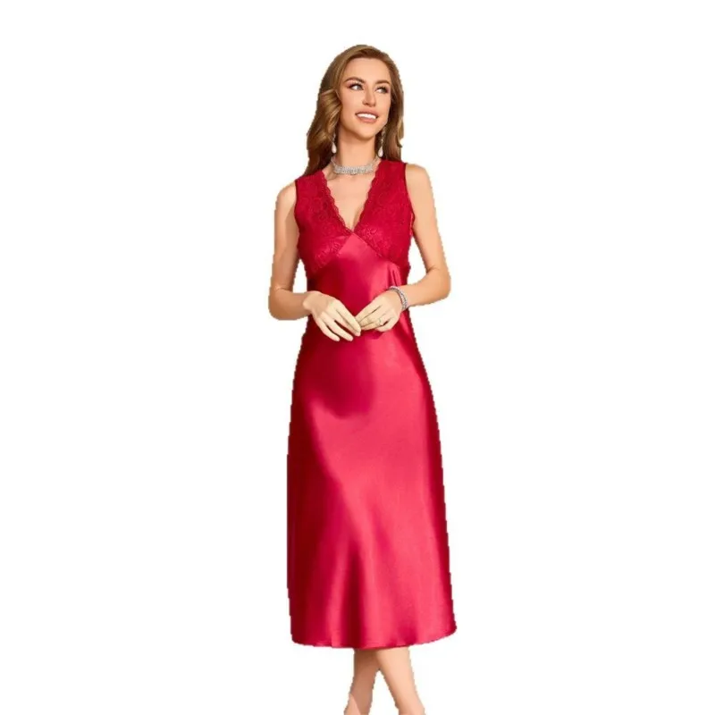 New pajama ladies Ice Silk fashion comfort solid color strap long nightdress 여성 여름 잠옷 sexy lingerie women's sexy sleepwear