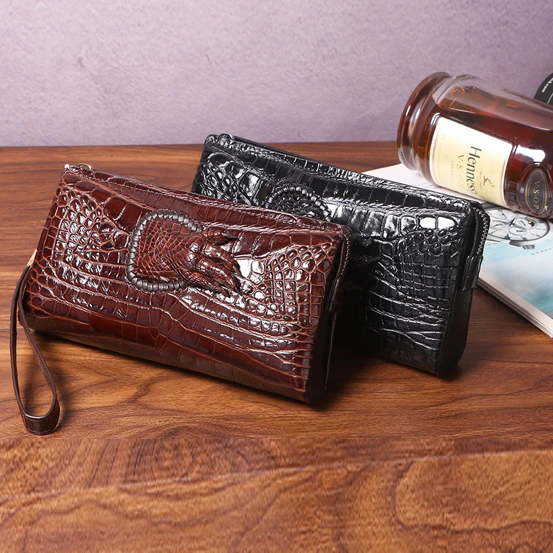 Luxury wallet in genuine crocodile leather with coin purse, dark brown