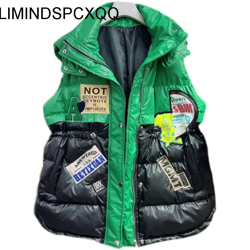 

2023 Winter Vest Women Patchwork Fashion Hooded Down Jackets Letter Patch Sleeveless Cotton Coat Streetwear Loose Waistcoat