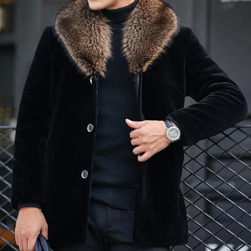 

High-end Luxury Winter Men's Faux Fur Jacket Warm New Short Tops Coats Brand Raccoon Dog Fur Collar Marten Fur Integration