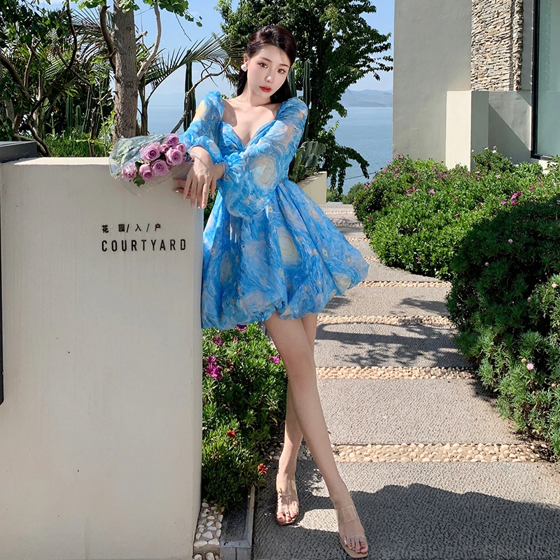 

2023 New Summer Chiffon Short Vacation Dress for Women Korean Fairy Dress Party Elegant Backless Chic Cute Luxury Bohemian Dress