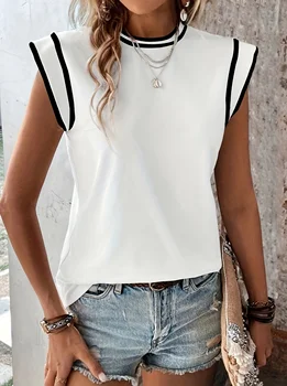 Fashion Contrast Color Stand Collar Women's T-shirt Stylish Graphic Print Half Sleeve Top for Casual Wear 1