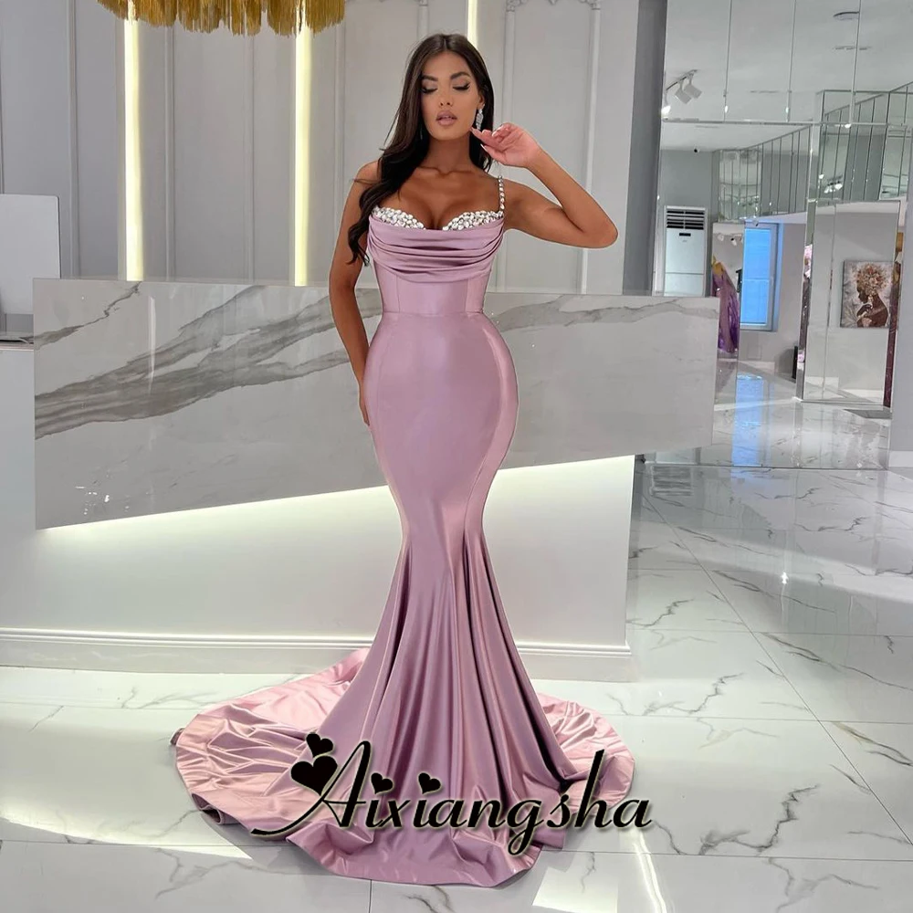 Aixiang sha exquisite Abendkleider Meerjungfrau Strass Falten Spaghetti träger Satin Vestidos de Gala formelle Party kleid